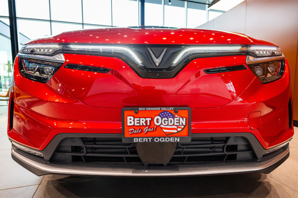 Front view of VinFast vehicle with Bert Ogden license plate