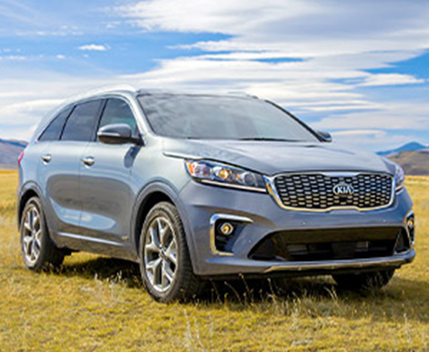 2020 sorento parked in a grassy field with mountains in the background