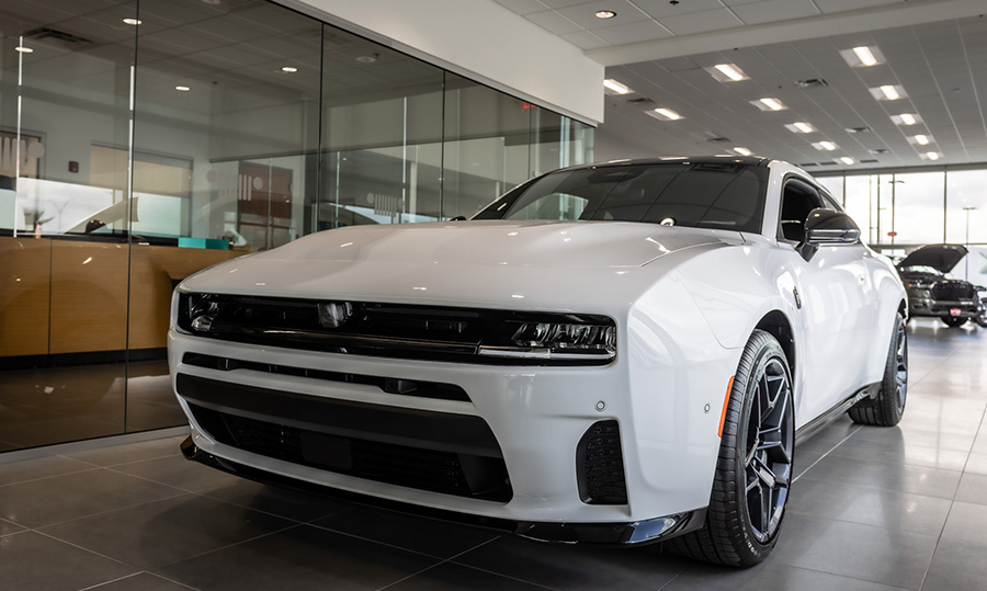 interior view of dealership front view of parked dodge