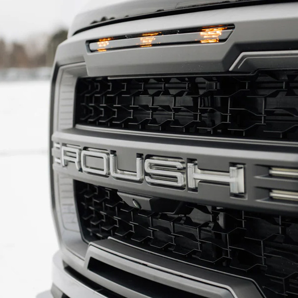 Up close shot of Roush badge on front grille.