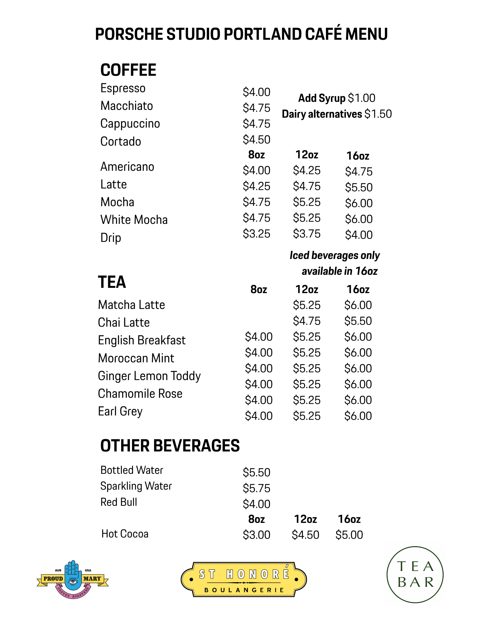 Porsche Studio Portalnd Cafe Menu